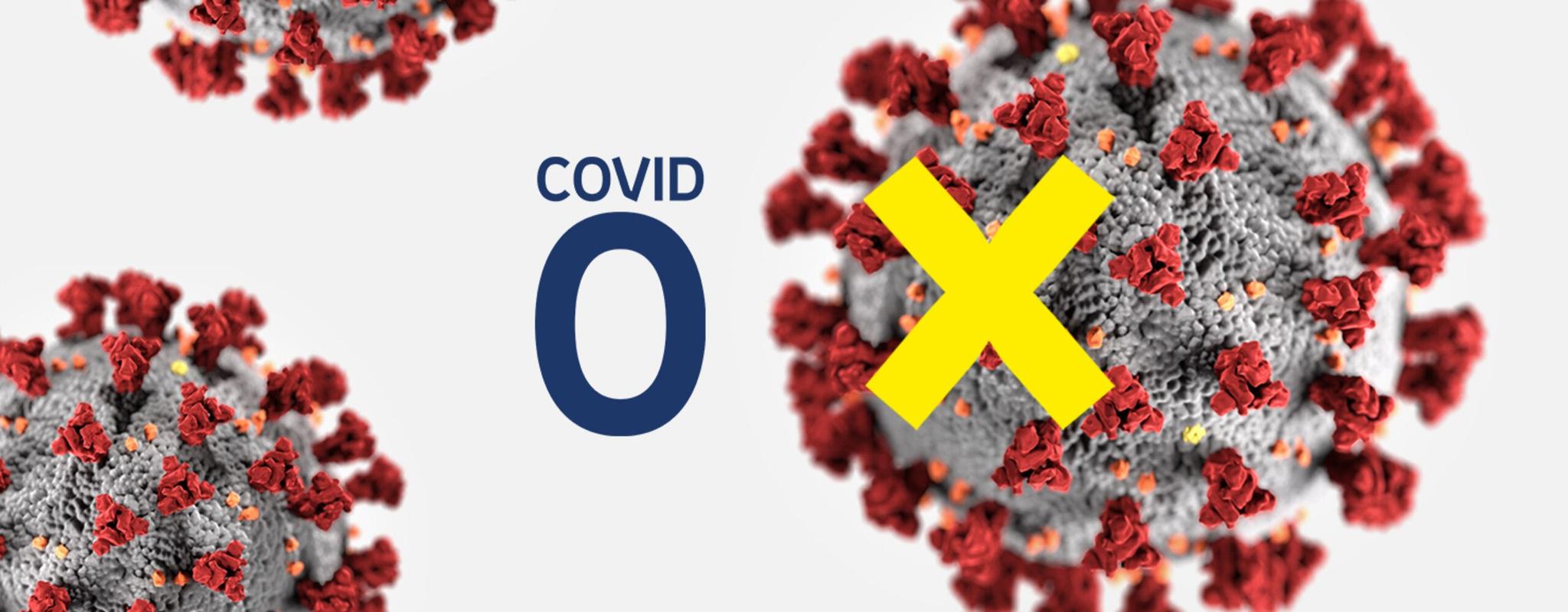 The letter X on top of a coronavirus, next to the word COVID and number zero.