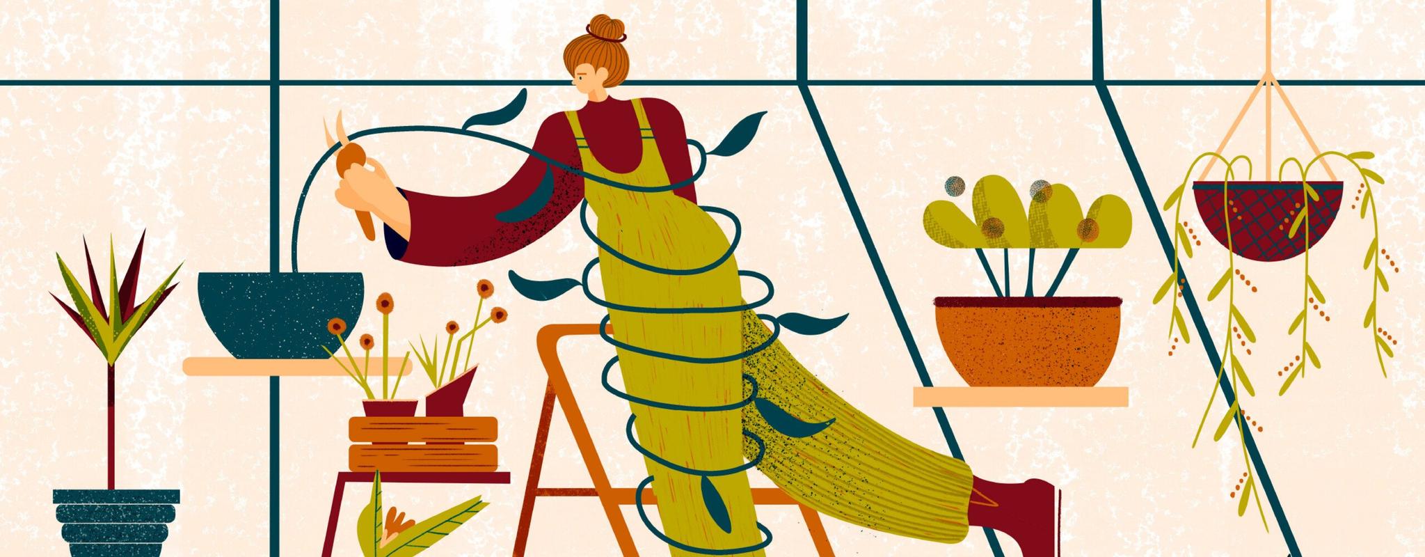 Illustration of young person clipping a plant in a room full of potted plants. 