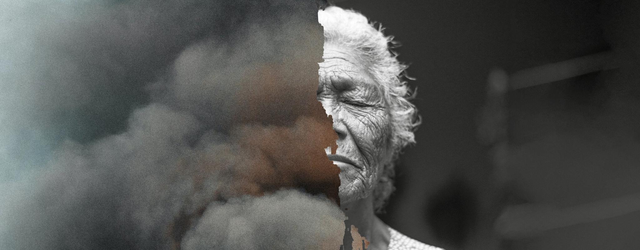 A composite image of an elderly woman whose face is partly covered up by thick smog.