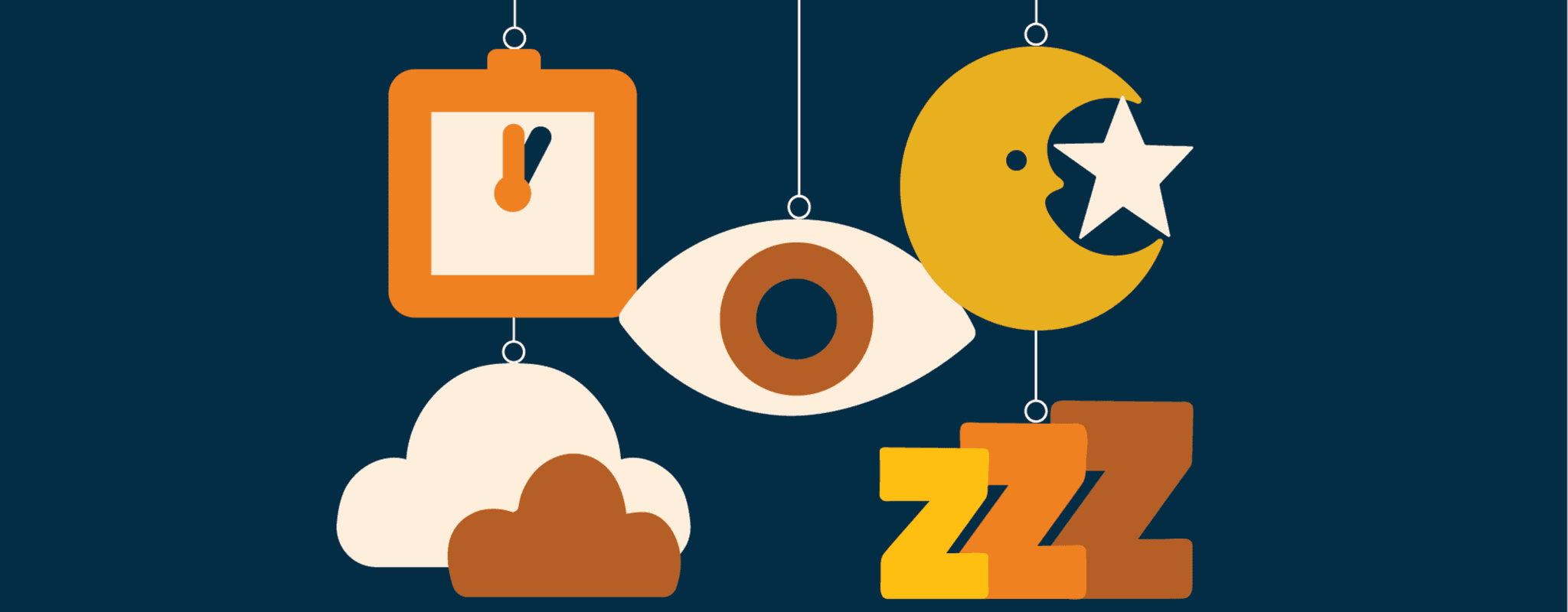 Illustration shows a clock, cloud, eye, moon, and stars to represent sleep and mental health