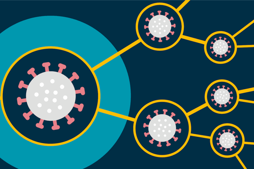 A large virus is on the left of the image on a light blue background, it connects out to the left, via orange lines, to other viruses with slight difference in shape.