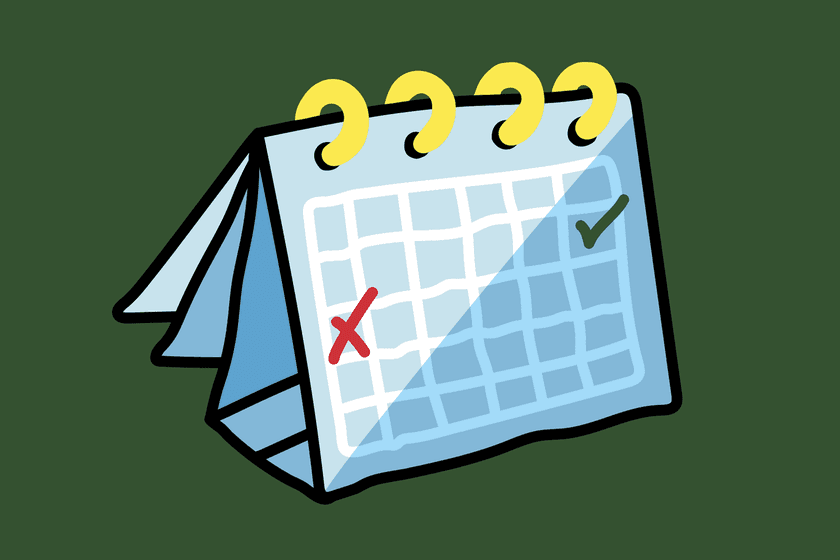 Illustration of a calendar with one tick and one cross.