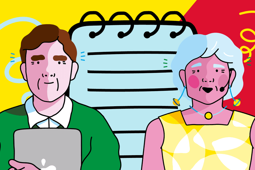 Illustration of a male and female researcher in front of a notepad on a yellow and red background. 