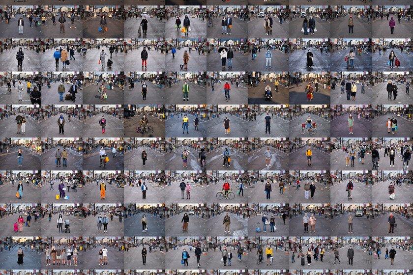 A grid of 100 portraits taken of masked pedestrians on London's Ridley Road.