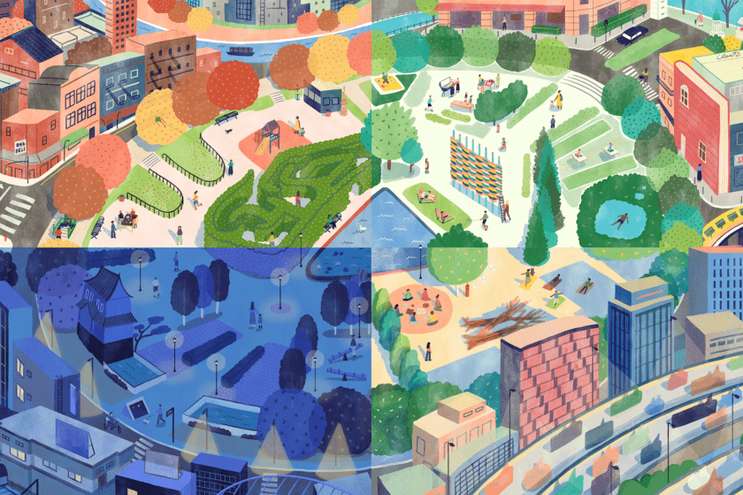 A colourful illustration depicts a friendly community park in the middle of a city. The image is split into four equal sections, each showing the scene during a different season. City buildings line the edges of a large circular park filled with trees, green spaces, ponds, playgrounds and meeting areas. People from all walks of life are using the park to meet friends, go for walks, picnics, yoga, swimming and reading. 
