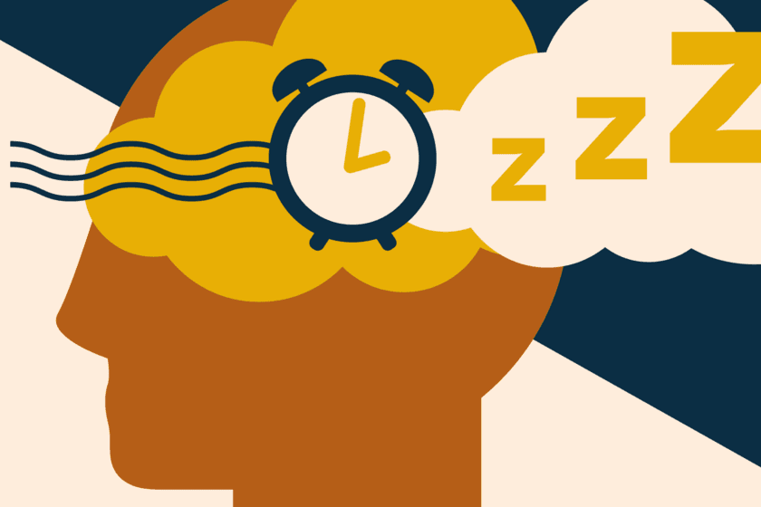 An illustration of a person with an alarm clock, clouds and zzz's to signify sleeping cycles.
