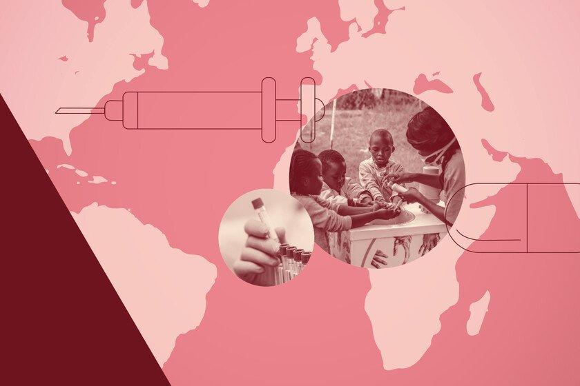 An image of children washing their hands alongside an image of vaccines are superimposed on a flat world map in a red colour scheme. Icons of a pill and an injection are also seen.
