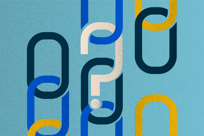 A blue and yellow illustration shows a large question mark connected by links of a colour chain.