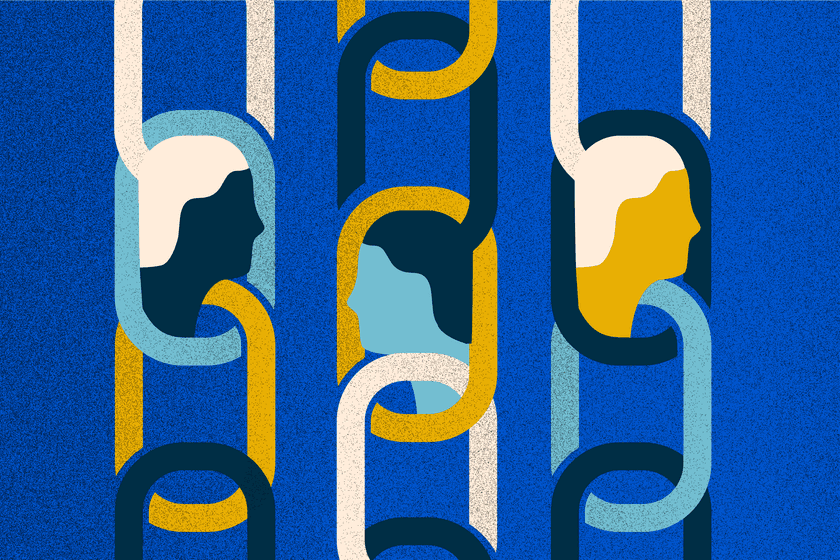 An illustration showing three heads in profile, with chains loops behind them on a deep blue background