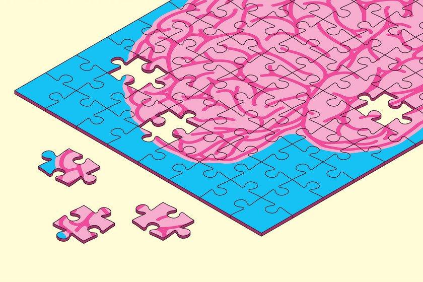 Illustration of human brain puzzle with a few missing pieces.
