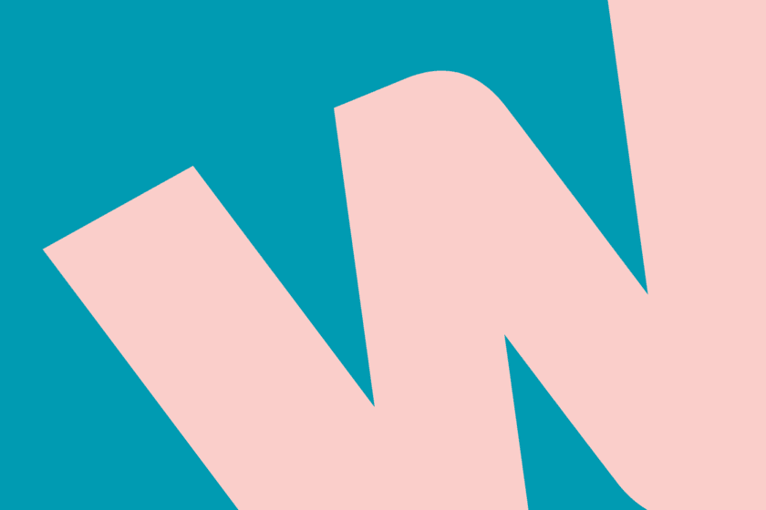 A pink letter W against a blue background.