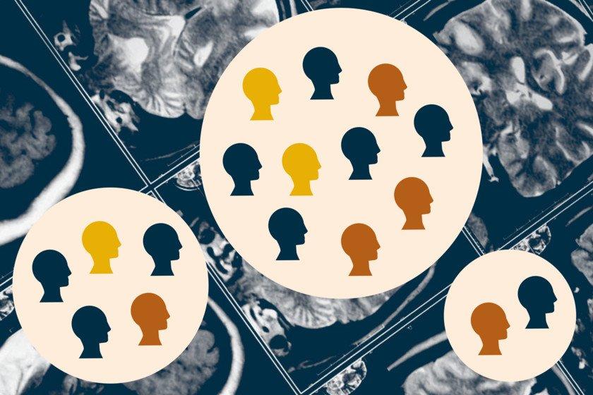 Groups of illustrated people are overlaid on an abstract photo of a brain scan.