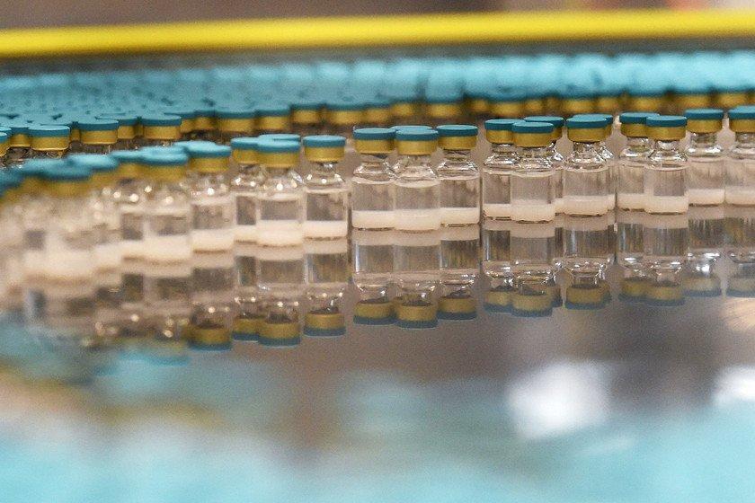 View of vials on a production line at a factory