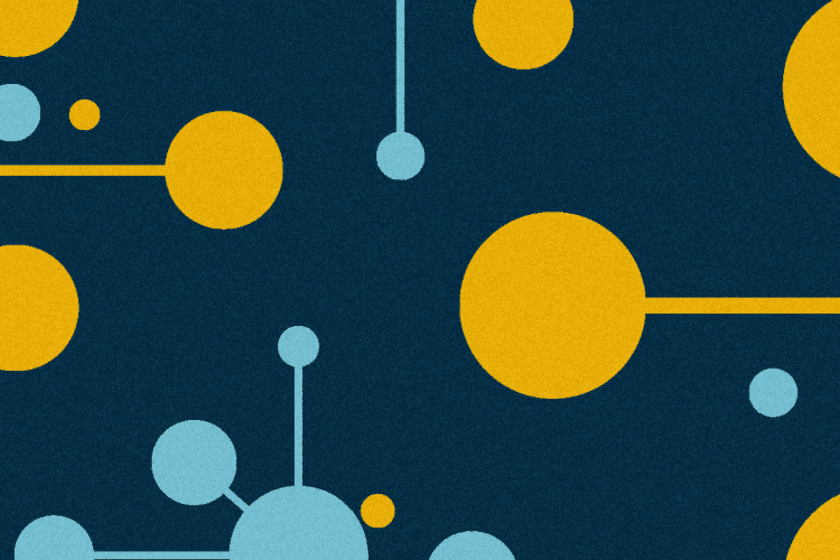 Abstract yellow and blue shapes on a mottled dark blue background