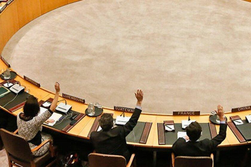 Legislators at the UN voting on an issue