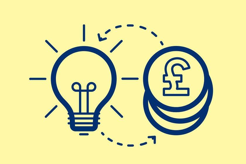 Illustration showing lightbulb 'idea' and UK currency pound symbol
