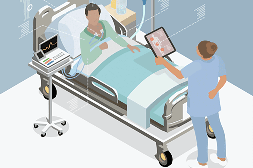 Illustration of a hospital patient and health carer.