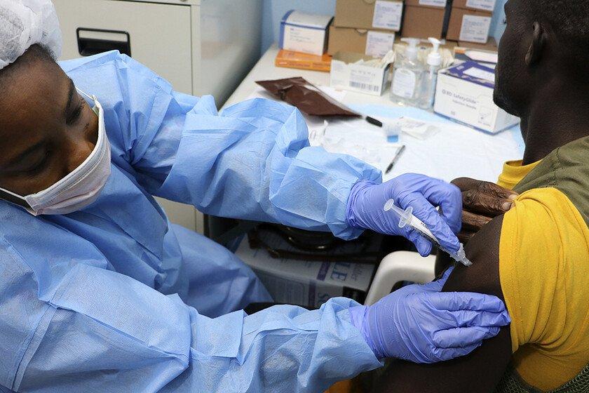 A man being vaccinated in an Ebola vaccine trial in Liberia