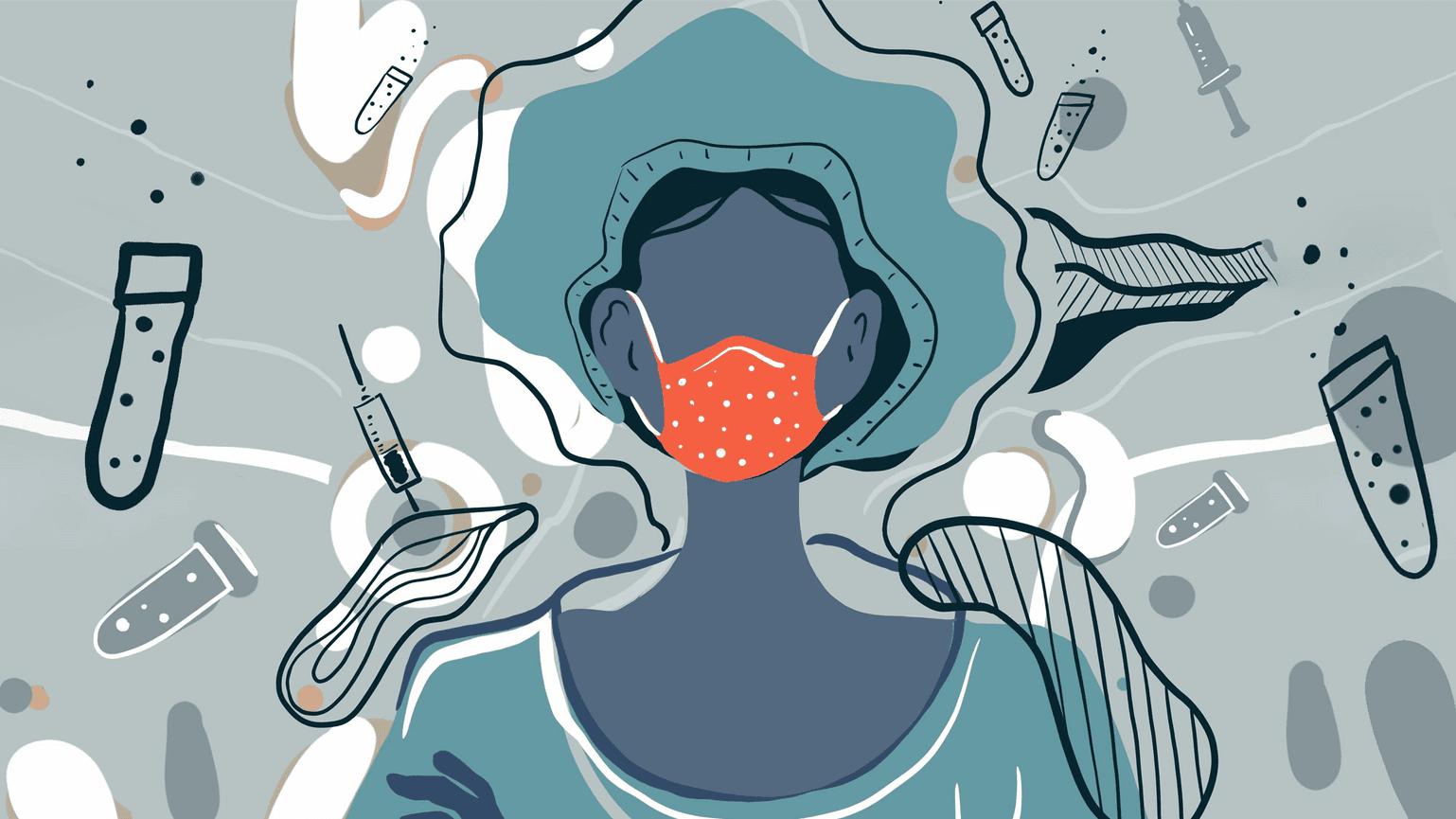Illustration of a female healthcare worker wearing a red mask surrounded by vaccines and test tubes
