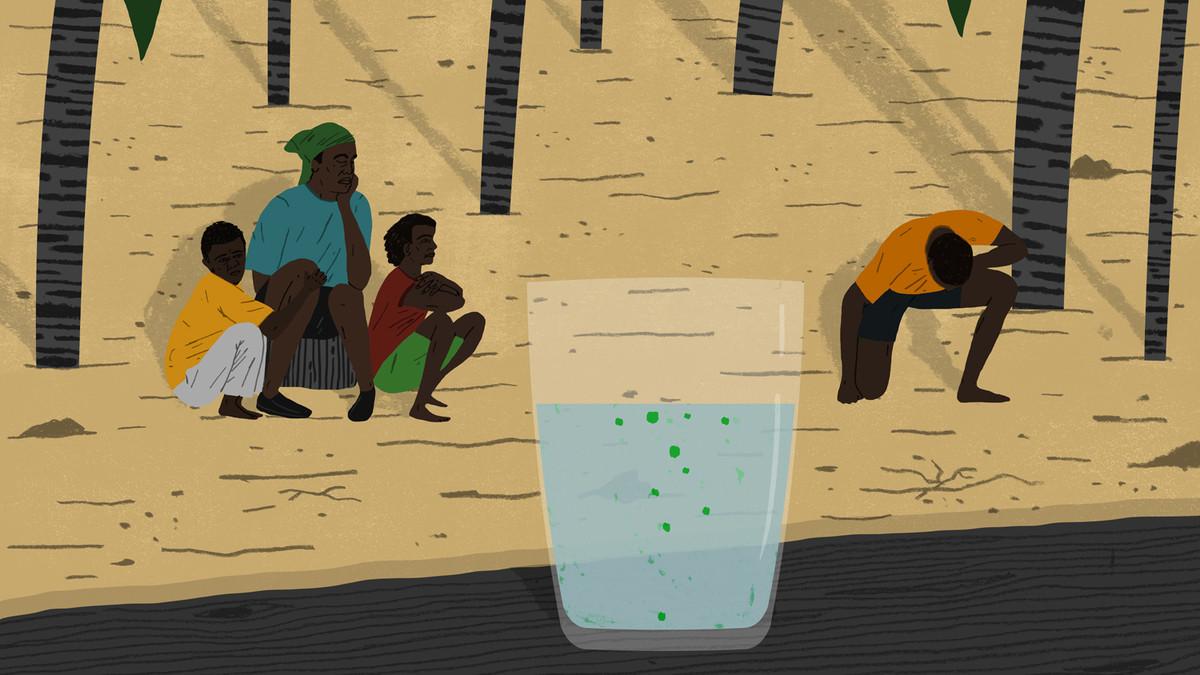 Illustration of people sitting down or kneeling on the ground. A glass of water dotted with green bacteria is prominent in the foreground.