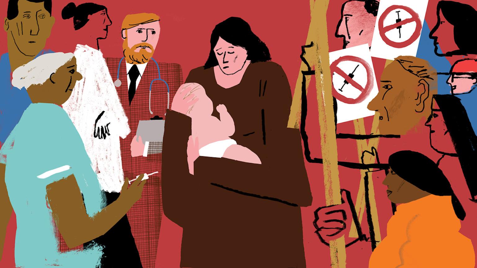 Illustration showing woman holding baby. Standing to the left of them is a group of healthcare workers and standing to the right of them is a group of anti-vax protestors