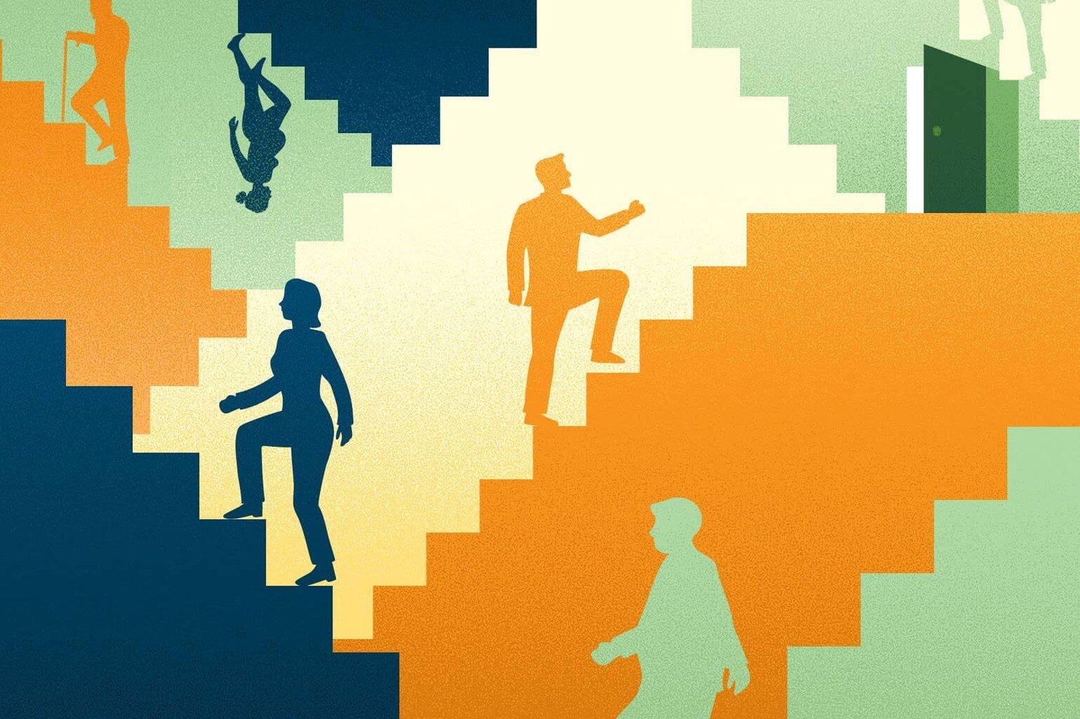 A series of illustrated researchers are walking up and down colourful staircases.