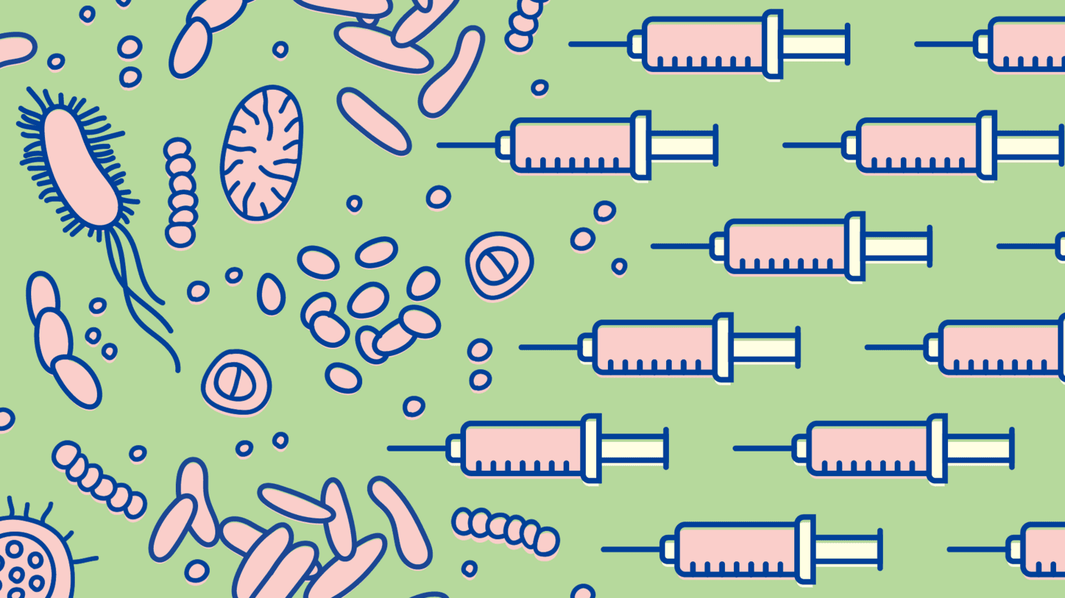In a stylised illustration, several rows of illustrated vaccines close in on a group of cartoon microbes.