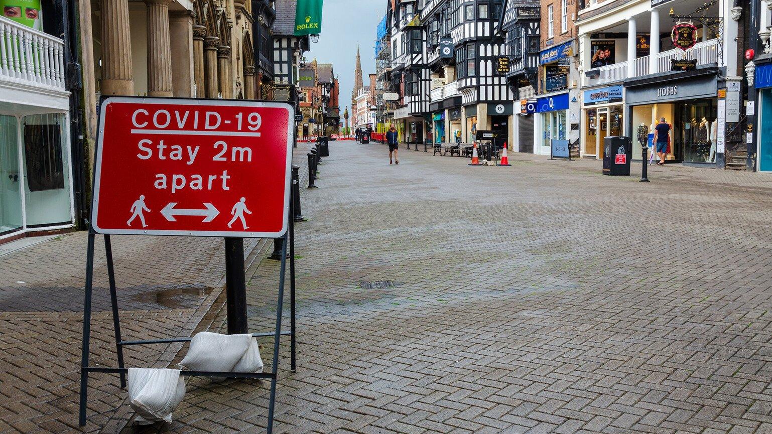 A general street scene of Chester City centre showing some traffic & pedestrian restrictions which have been put in place to allow social distancing due to Covid-19 pandemic.