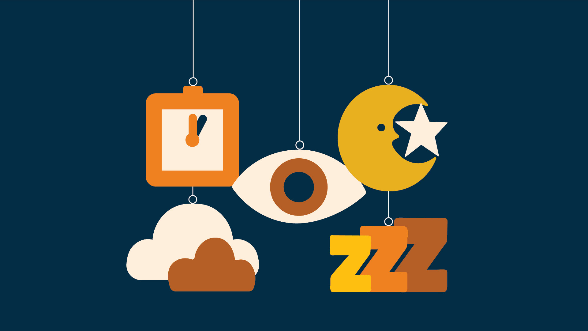 Illustration shows a clock, cloud, eye, moon, and stars to represent sleep and mental health