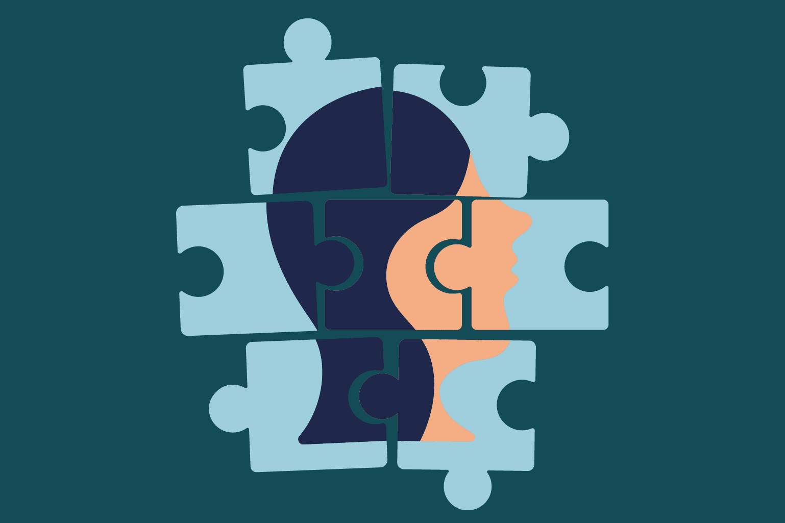 A dark and light blue illustration of a woman's face across seven disjointed puzzle pieces. 