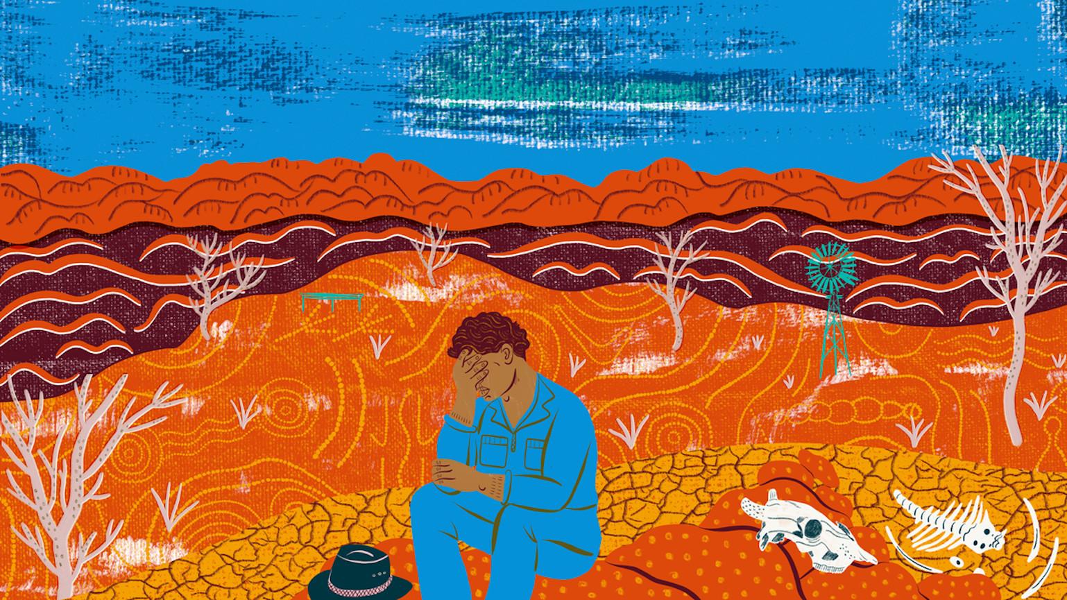 Illustration of a person sitting in a desert environment, their hand is covering their face.