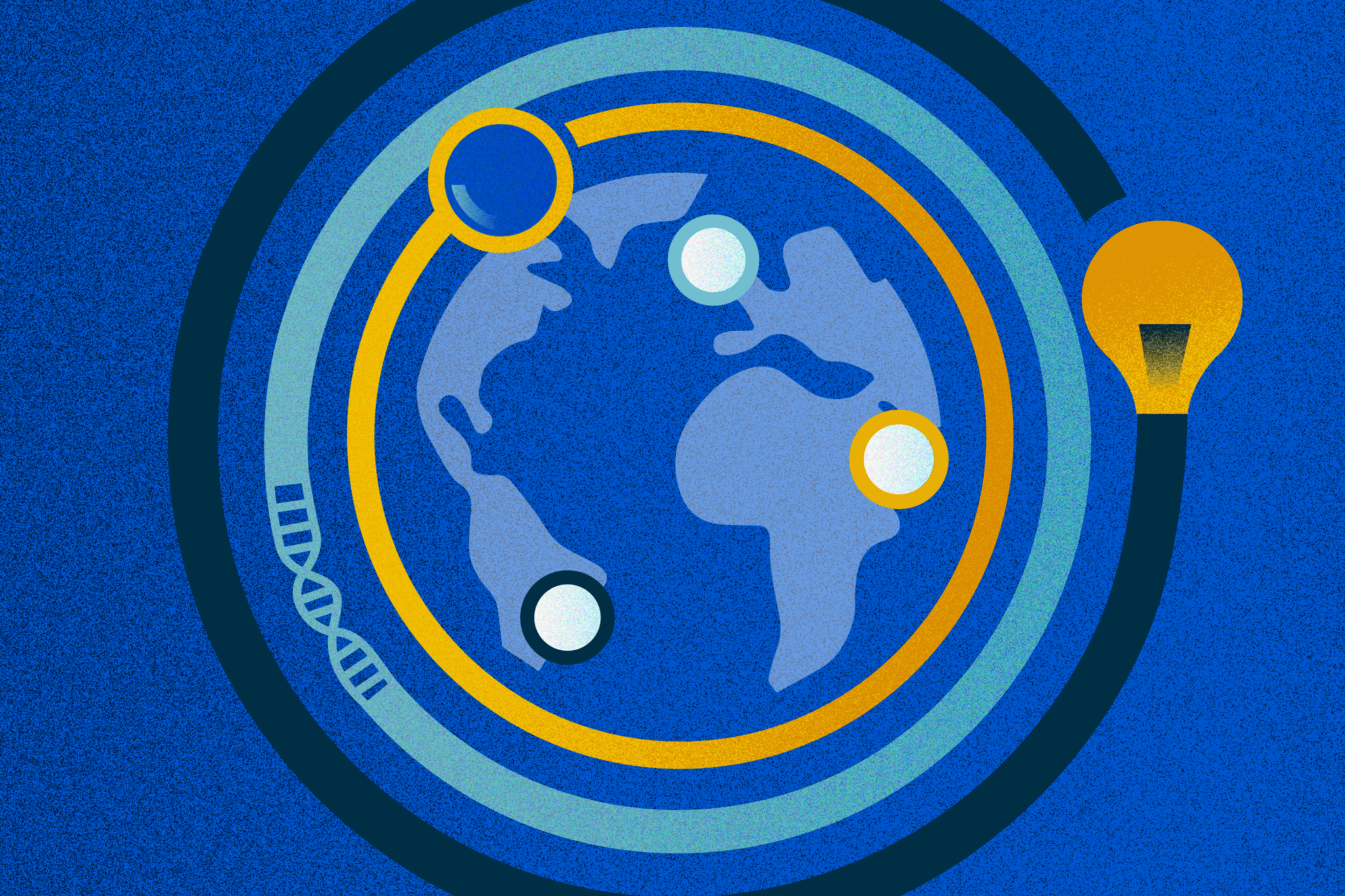 A stylisted planet earth on a deep blue background. The planet is surrounded by rings which have a lightbulb and a dna string within them.