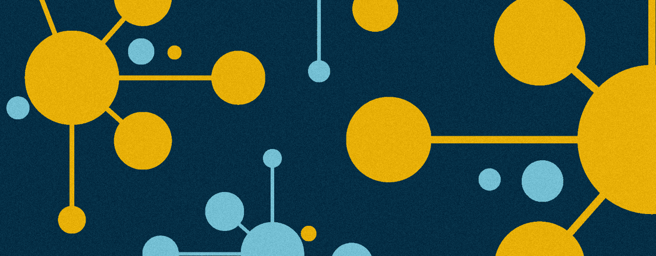 Abstract yellow and blue shapes on a mottled dark blue background
