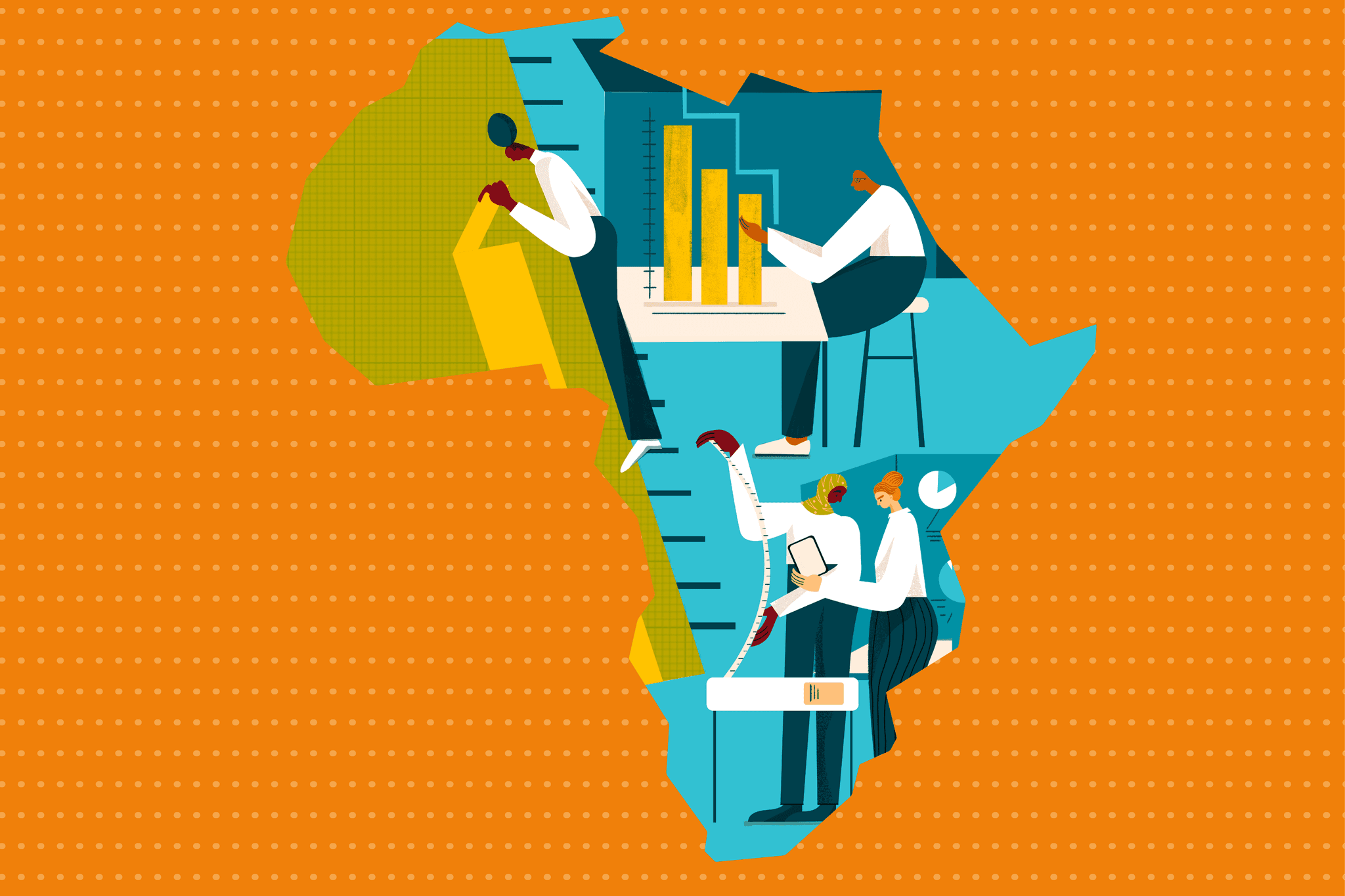 A colourful illustration of four data scientists at work; they're measuring, examining and analysing all sorts of abstract looking data. The illustration is framed by the outline of the continent of Africa on a bright orange background.