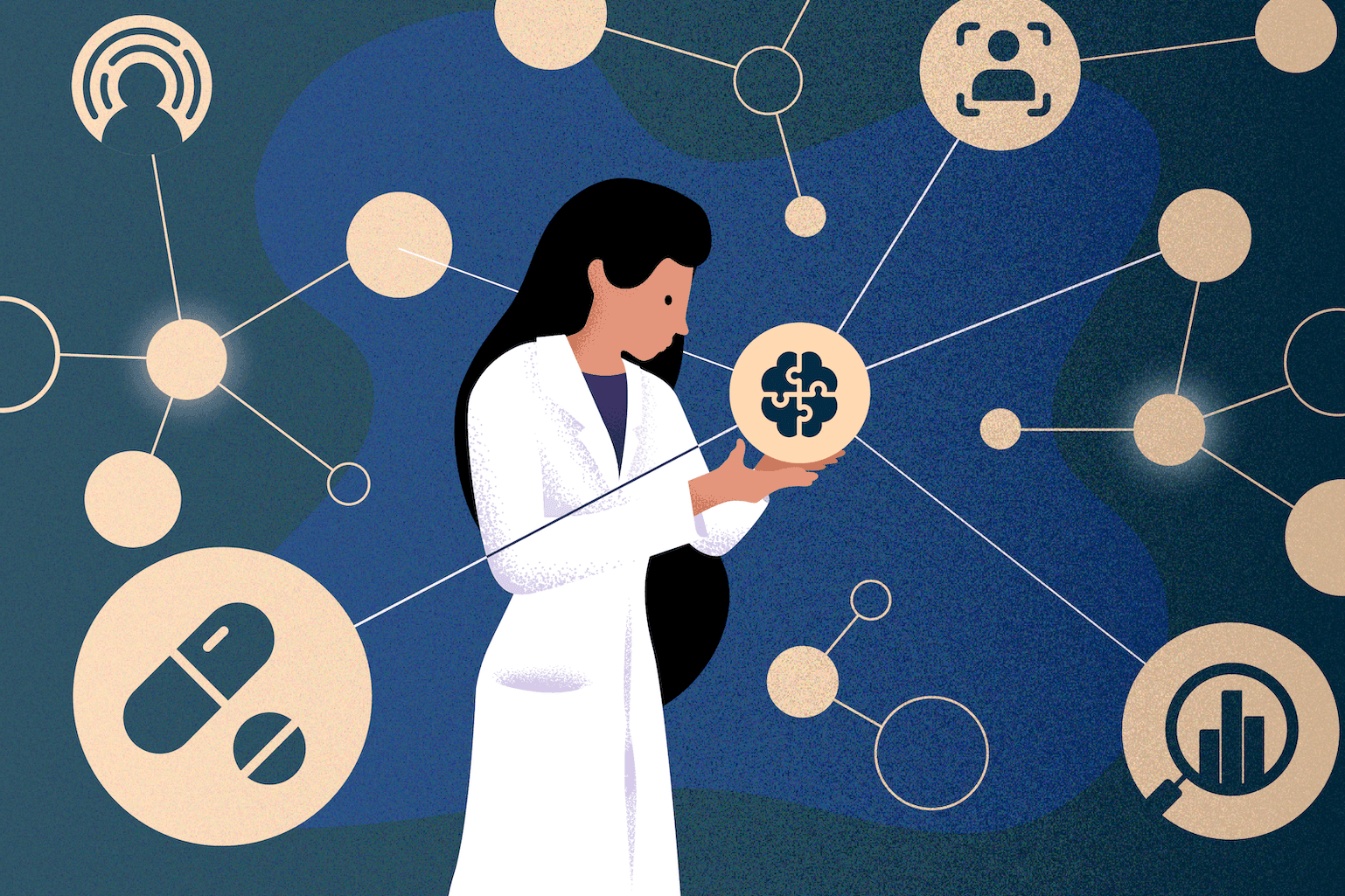 Illustration of a scientist in a lab coat holding a sphere with an image of brain inside. The sphere is connected to a network of spheres containing images related to mental health, including medication, data collection and facial recognition software. 