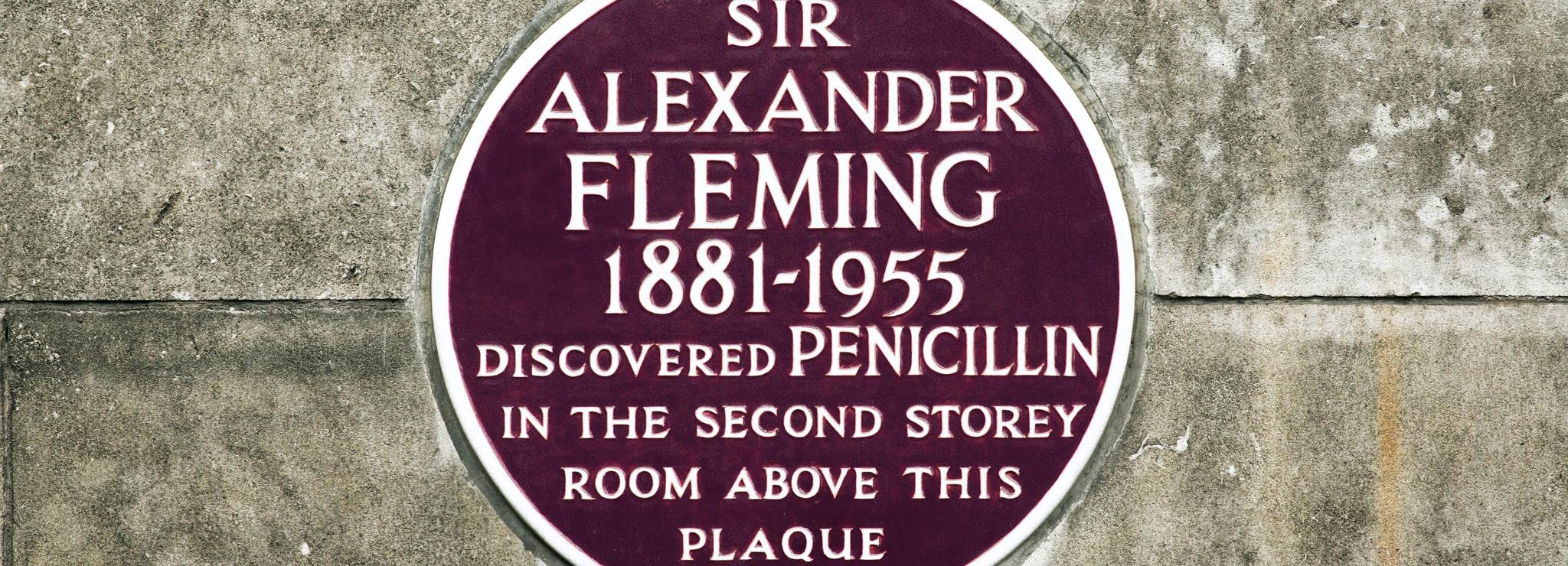 Maroon plaque on St Mary's Hospital London commemorating discovery in 1928 of penicillin by Alexander Fleming