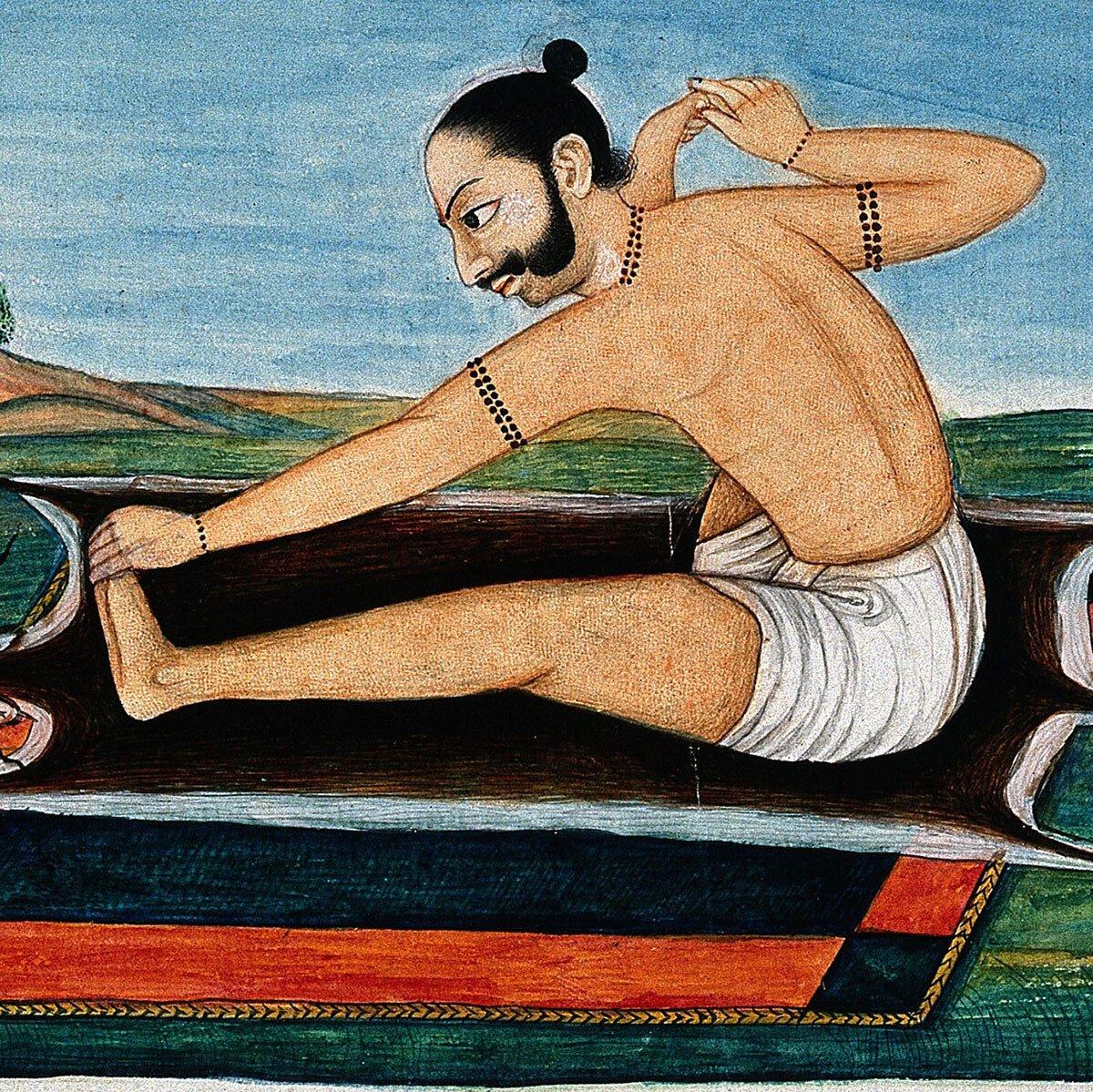 19th-century gouache painting of a man in a yoga posture