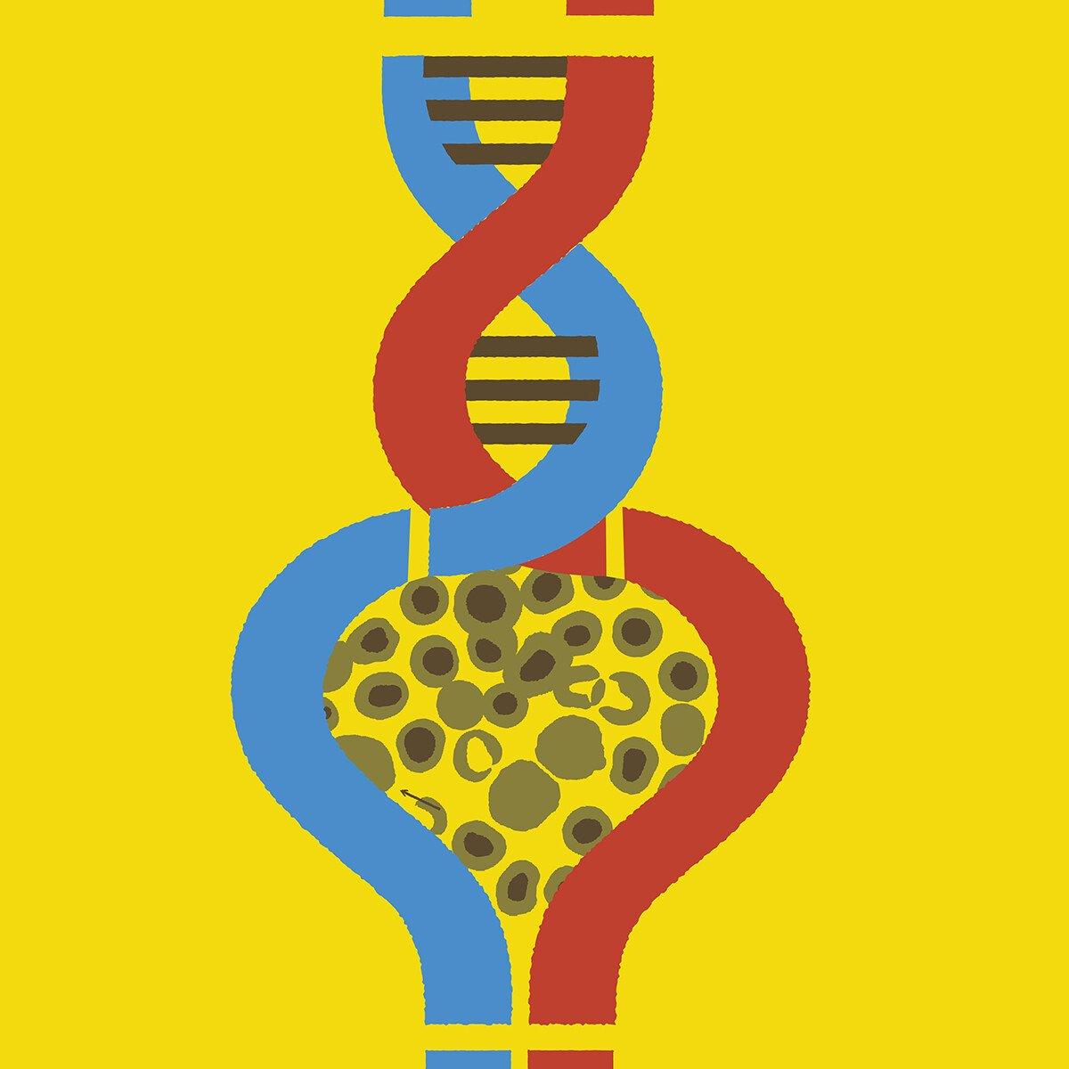 Illustration showing question marks around DNA
