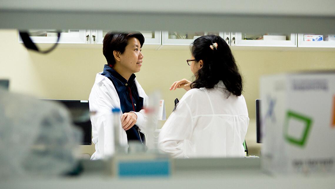 Two women wearing white lab coats talking to each other