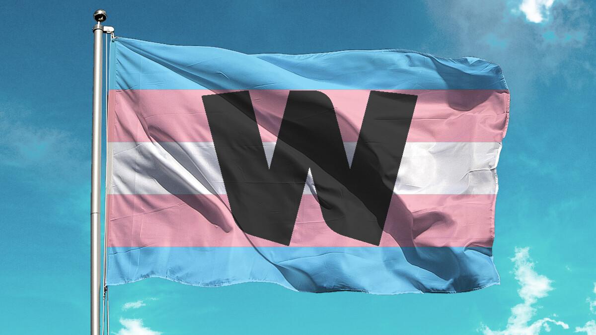 Transgender pride flag with Wellcome logo