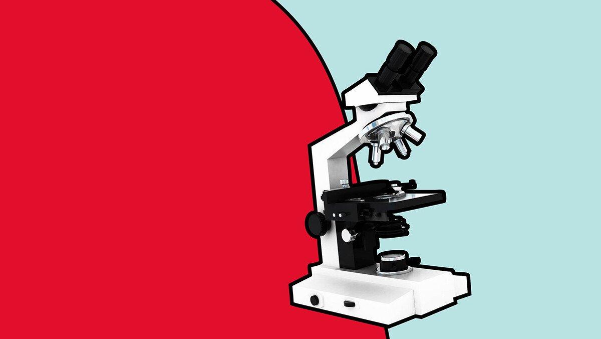 Image of a microscope on a red and blue background